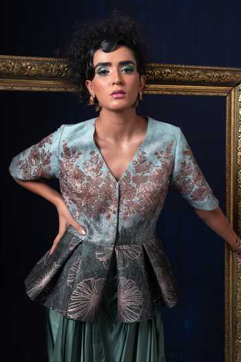 Buy Blue Jacquard Embroidery V-neck Hand Peplum Top And Skirt Set