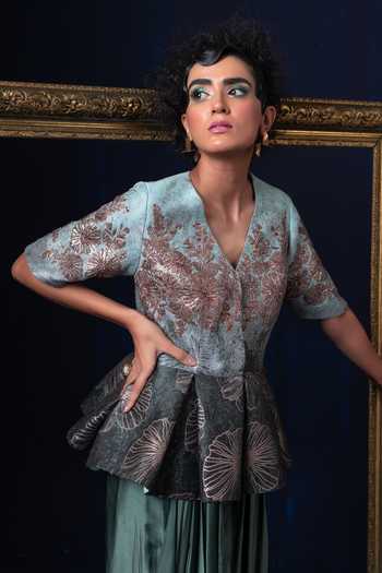 Buy Blue Jacquard Embroidery V-neck Hand Peplum Top And Skirt Set