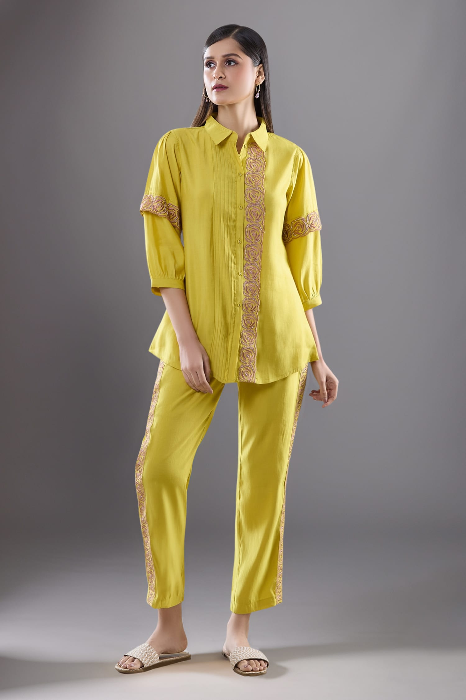Rose Lace Embroidered Shirt & Pant Set 