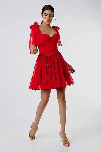 red corset dress with sleeves Floral Satin Polka Dot Corset Ruffle Mini