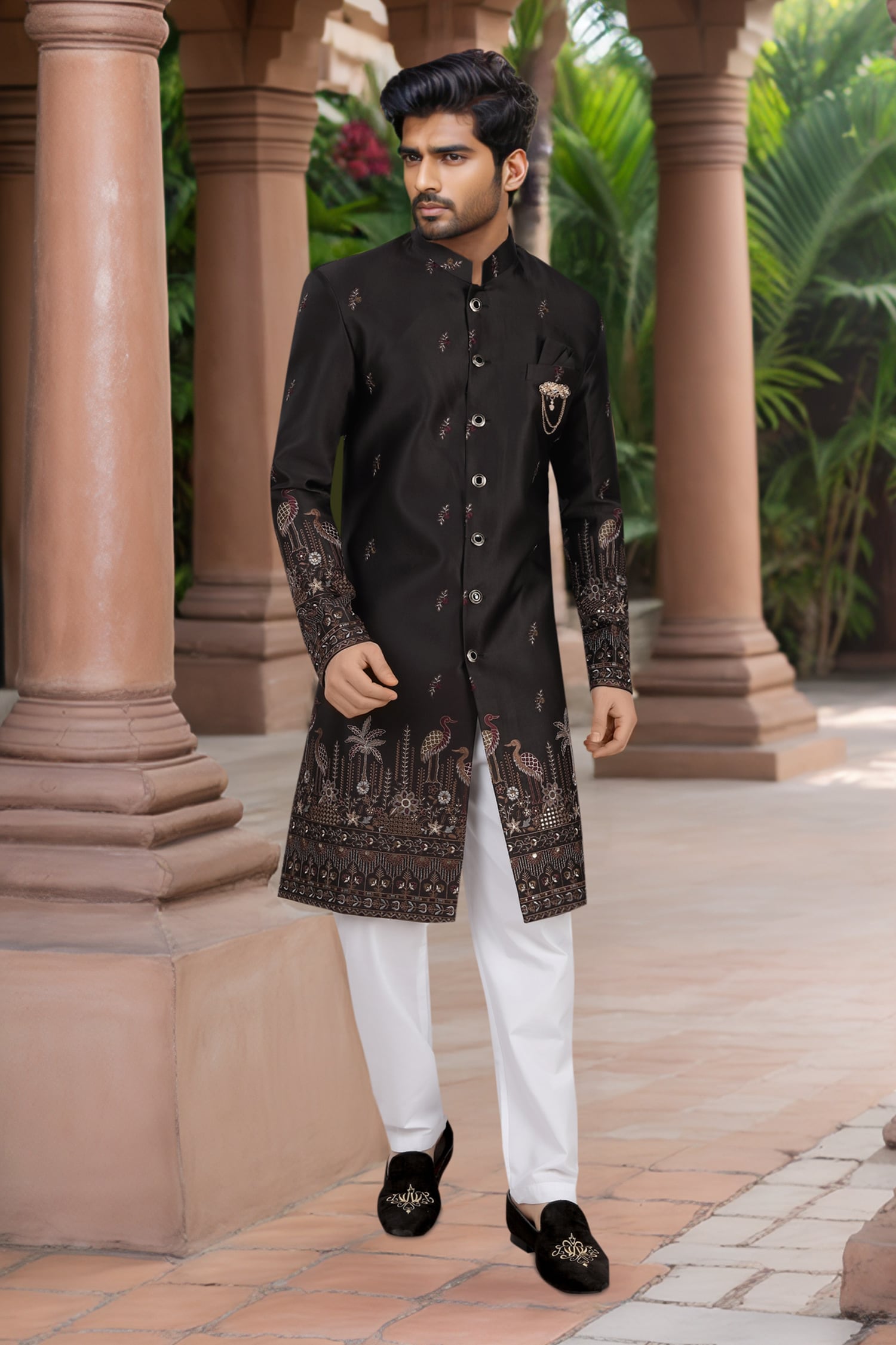Black Thread Embroidered Sherwani Set 