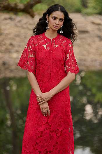 red lace dress online india Buy Red Polyester Lace Round Neck Midi Dress For Women by Dash And Dot  Online at Aza Fashions