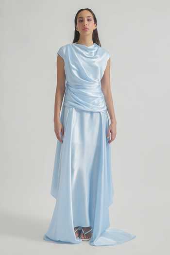 Buy Blue Satin Cowl Neck Azura Solid Draped Dress For Women by Deme By  Gabriella Online at Aza Fashions.