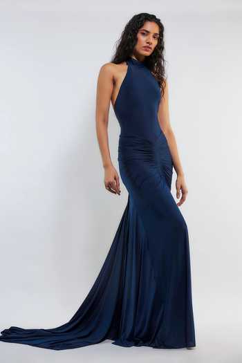 Deme By Gabriella Blue Lycra Halter Neck Wendy Solid High Gown| Aza Fashions| Cocktail,Reception