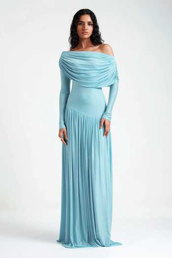 Buy Blue Lycra Off-shoulder Annie Drop Waist Pleated Gown For Women by Deme  By Gabriella Online at Aza Fashions.