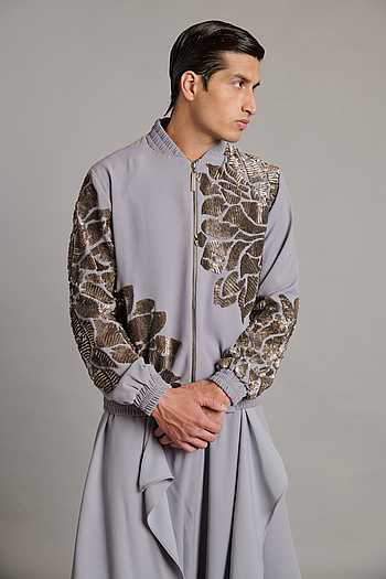 Steel Sequin Floral Bomber Jacket