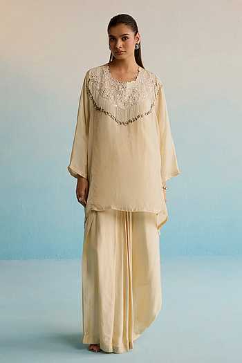 Beige Mirror Work Kurta Skirt Set