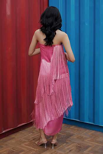 She'll Pink Organza Fringe Open Neck Detail Hot Dress| Aza Fashions She'll Pink Organza Fringe Open Neck Detail Hot Dress| Aza Fashions