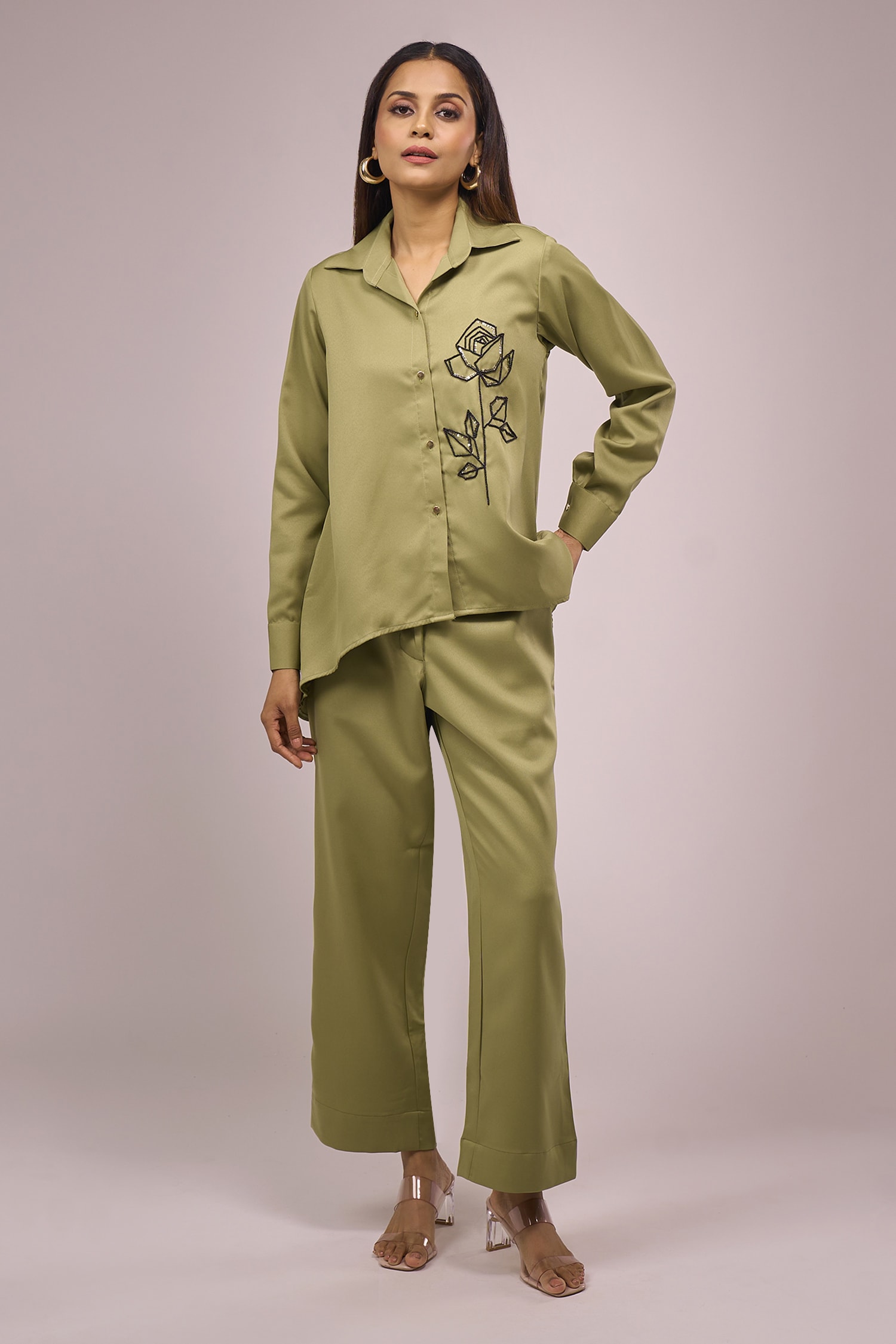 Green Crepe Shirt & Pant Set 