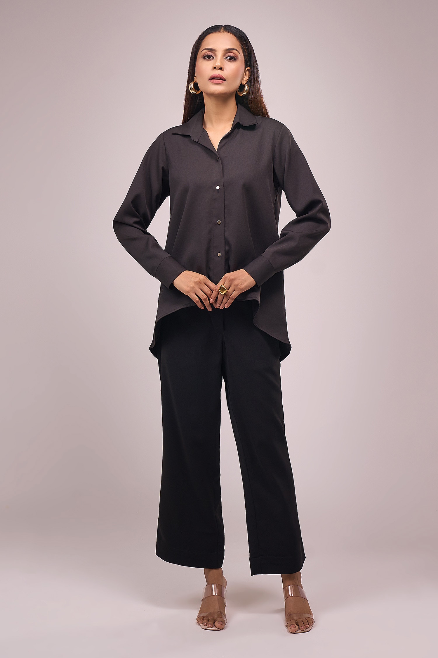 Black Crepe Sequin Shirt & Pant Set 