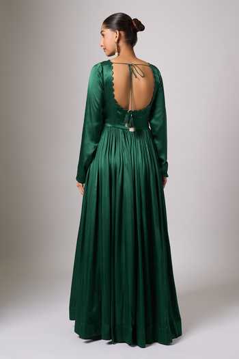 Samyukta Singhania - Women Green Satin, Organza Beads Round Neck Dark Anarkali with Dupatta| AZA Fashions