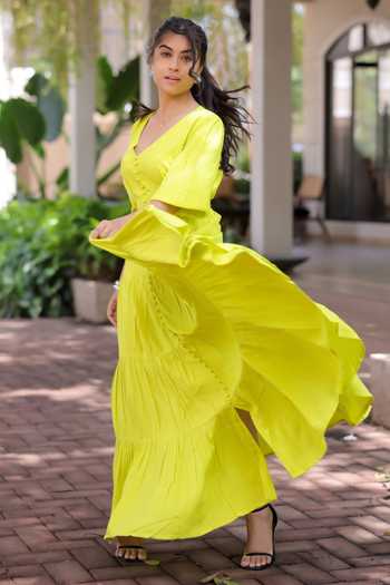 Buy Green Rayon V-neck Lime Designer Dress For Women by Foram Patel Online  at Aza Fashions.