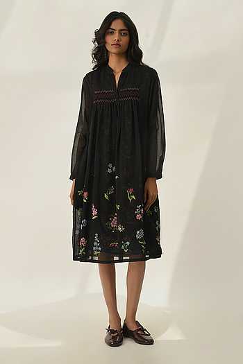 Black Cross-Stitch Embroidered Tunic Dress