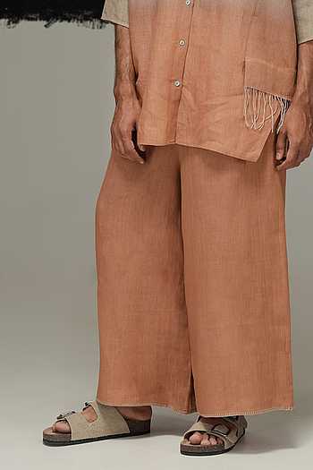 Buy Orange Linen Rust Handwoven Aron Pant For Men by Urvashi Kaur