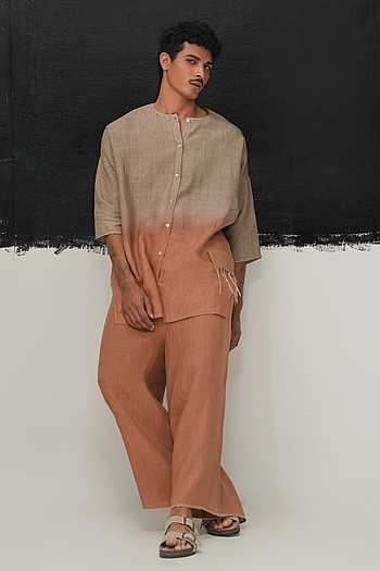 Buy Orange Linen Rust Handwoven Aron Pant For Men by Urvashi Kaur