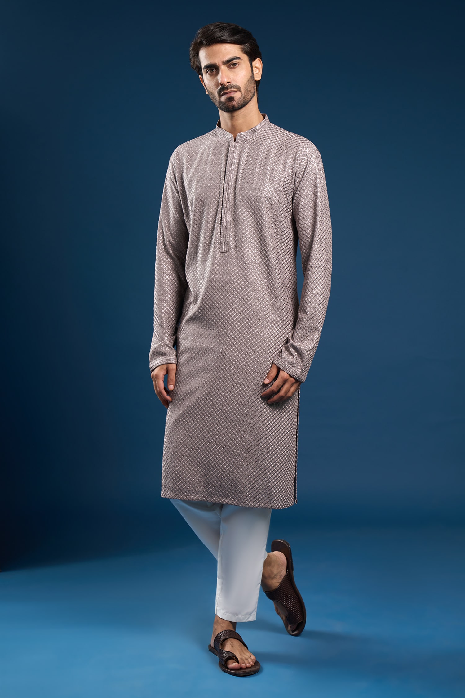 Light Grey Thread Work Kurta & Pant Set 