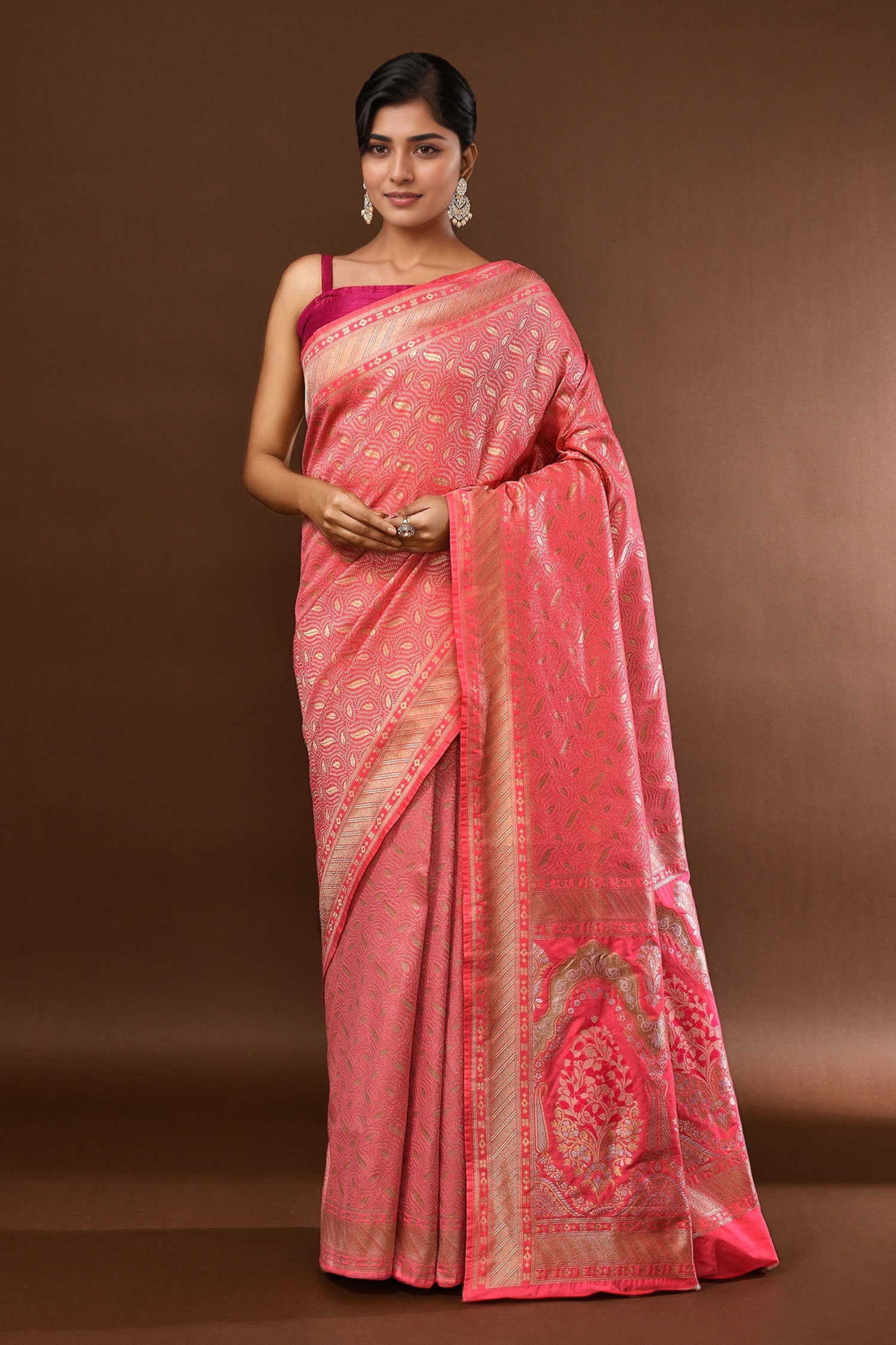 Leaf Woven Banarasi Silk Saree With Running Blouse 