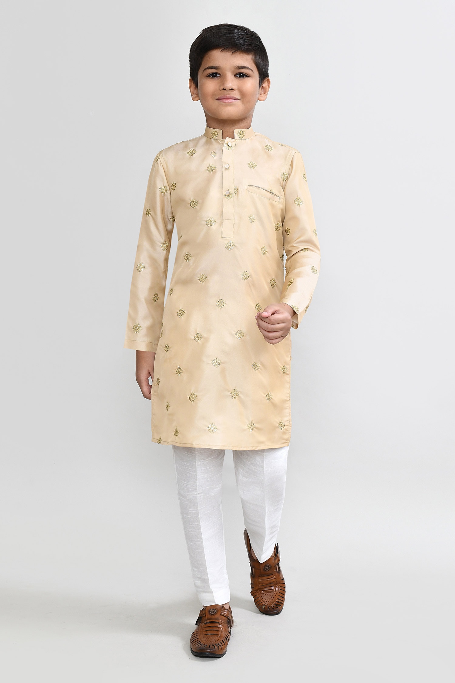 Beige Zari Work Kurta & White Pant Set 