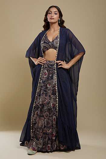 Navy Blue Embroidered Cape Lehenga Set 