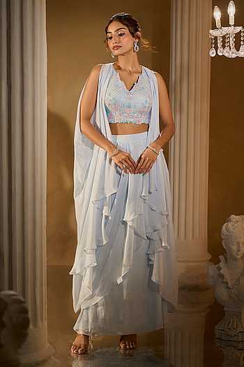 Powder Blue Embroidered Blouse & Skirt Set