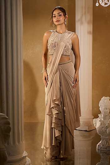 Gold Pre-Draped Saree Set with Blouse