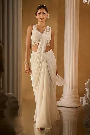 White Crepe Pre-Draped Saree Set