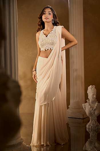 Ivory Pre-Draped Saree & Blouse Set