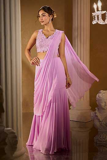 Lavender Pre-Draped Saree & Blouse Set