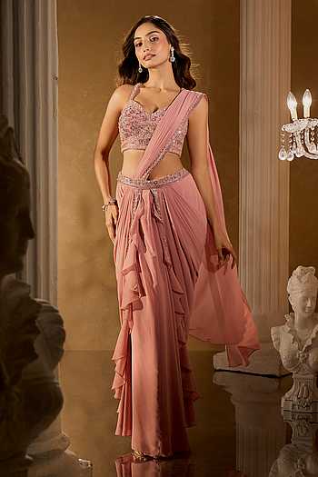 Peach Embellished Pre-Draped Saree With Blouse