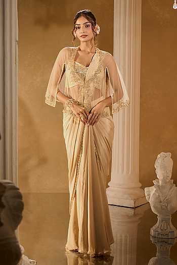 Gold Sequined Pre-Draped Saree With Blouse