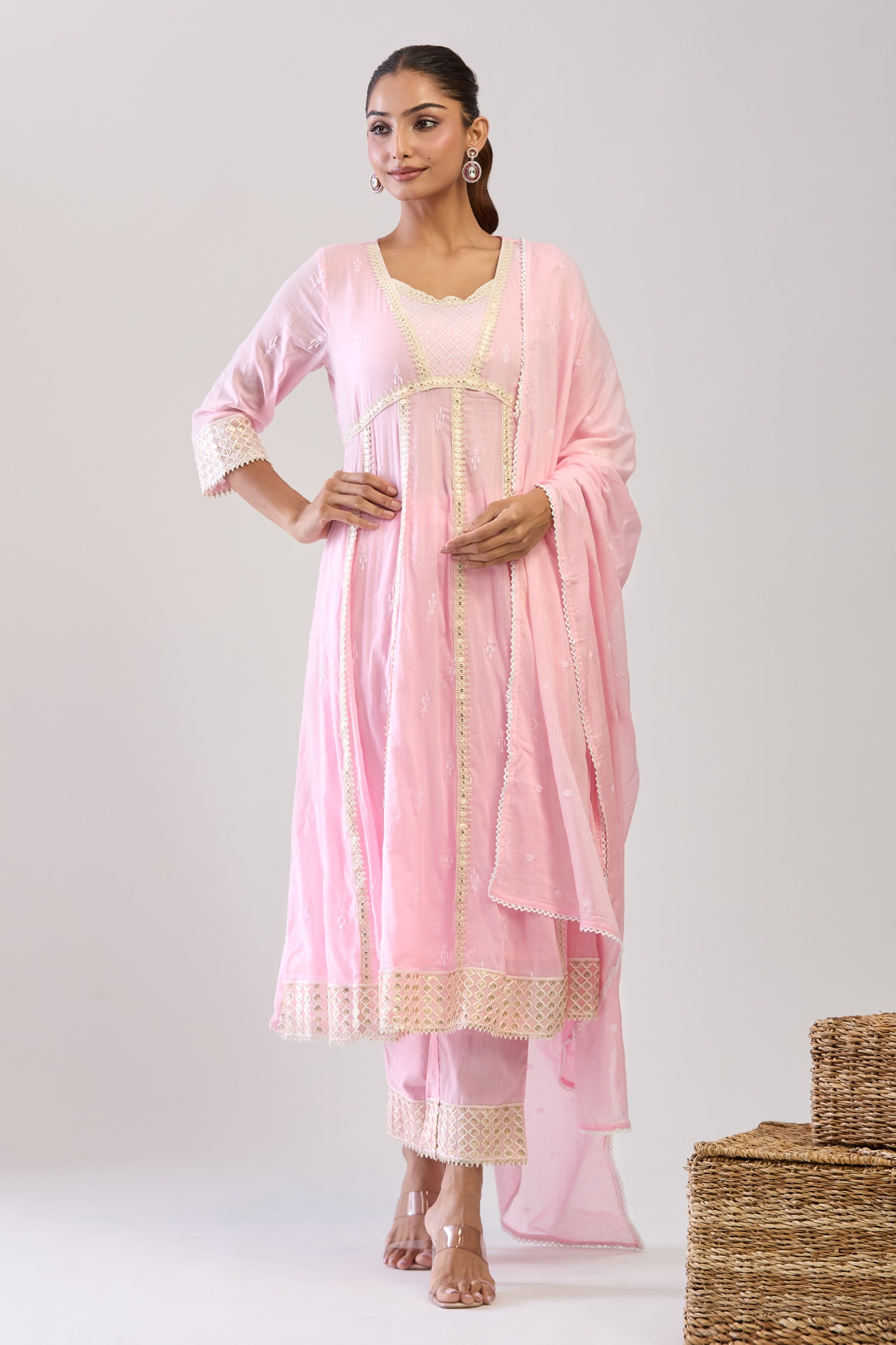 Pink Cotton Mulmul Anarkali Suit Set 
