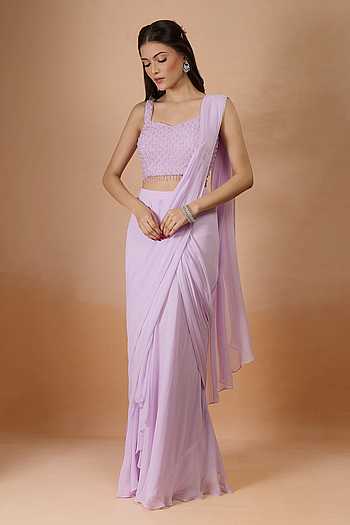 Lavender Georgette Pre-Draped Saree Set