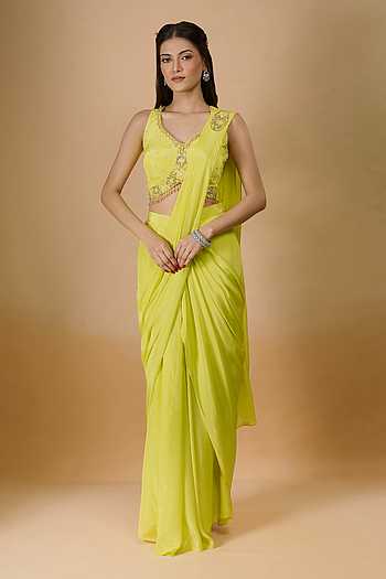 Yellow Crepe Pre-Draped Saree With Blouse