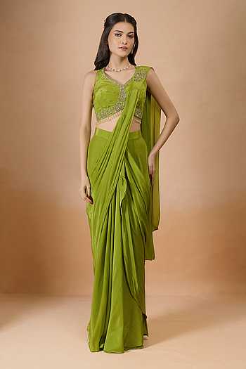 Green Crepe Pre-Draped Saree With Blouse