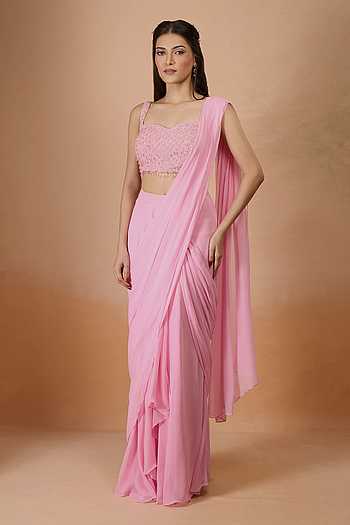 Padded Pink Georgette Pre-Draped Saree Set
