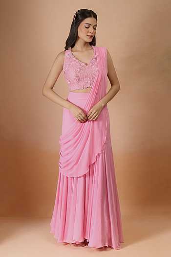 Pink Pre-Draped Saree & Blouse Set
