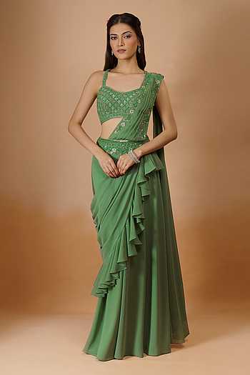 Green Pre-Draped Saree With Blouse