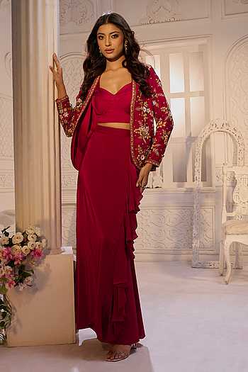 Embroidered Jacket & Draped Skirt Set