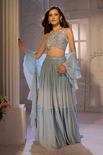 Ruched Shimmer Skirt Set With Ruffle Dupatta
