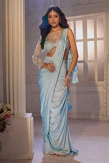 Pre-Draped Ruffle Saree With Embroidered Blouse