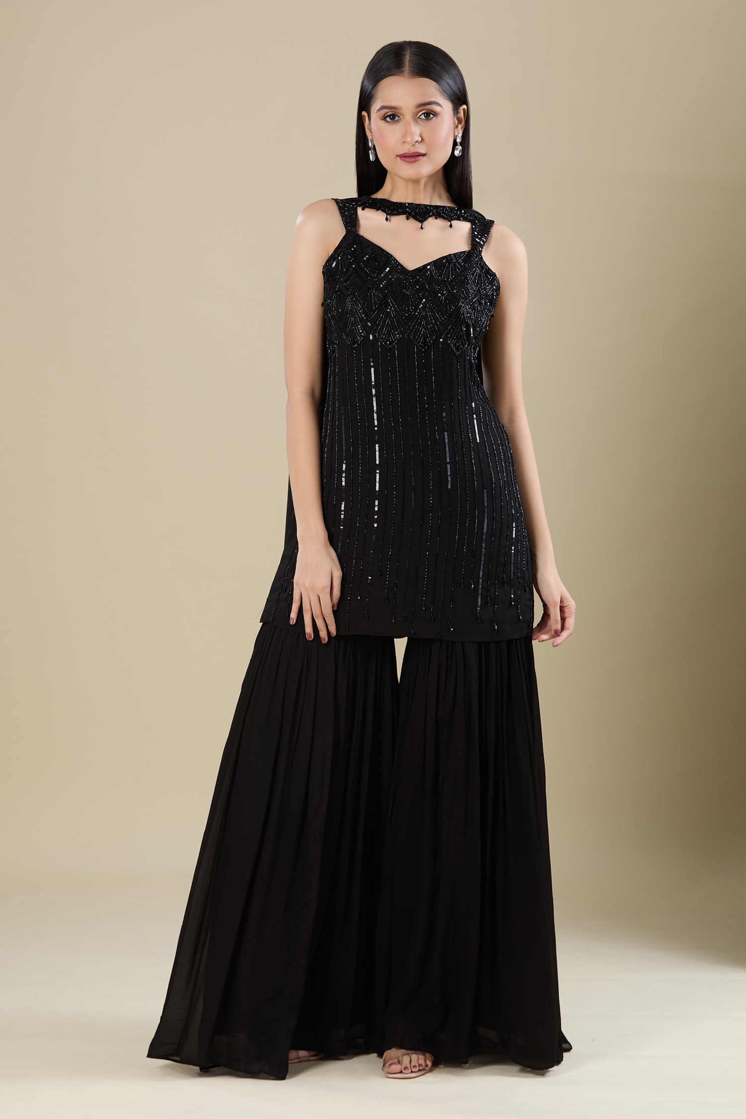 Black Heavy Embroidered Kurta Sharara Set 