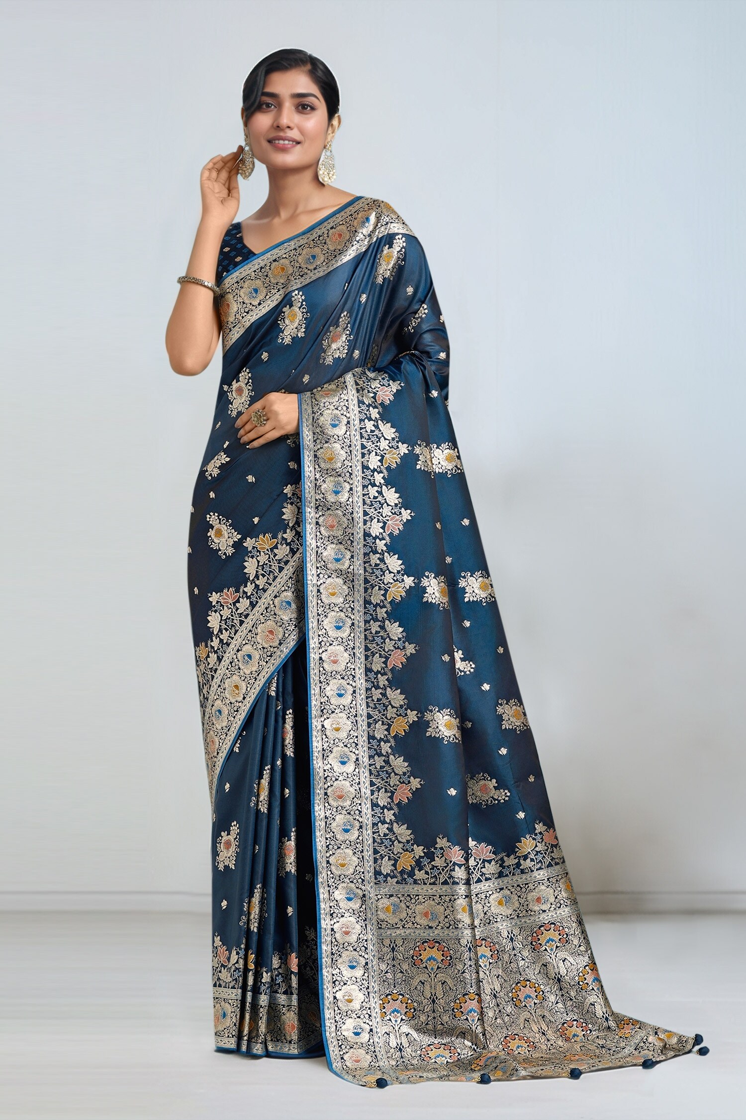 Dark Teal Blue Zari Woven Banarasi Saree With Blouse 