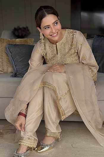 Beige Chanderi Embroidered Choga Set