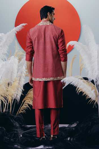 Buy Maroon Crepe, Cotton, Silk Zari, Embroidery Zardosi Nehru
