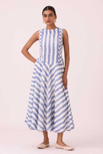 The Summer House Blue Handloom Cotton Round Neck Myshkin Striped Ikat Dress| Aza Fashions