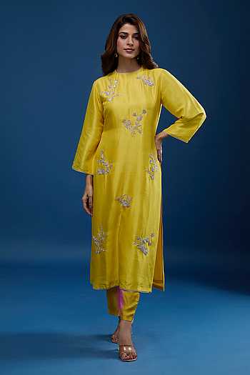 Yellow Embroidered Kurta With Striped Pant
