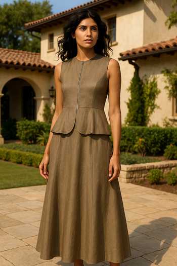Structured Peplum Midi Dress in Desert Olive Xs