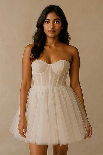 Buy Ivory Net Open Neck Tulle Strapless Dress For Women by Ozel