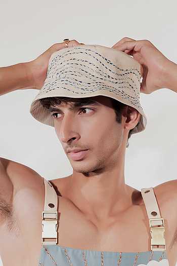 Buy Cream Embroidery Kantha Bucket Hat For Men by Jubinav Chadha