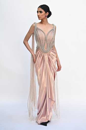 Color Combination Peach Saree Dress Online Shop Peach Designer Saree Gowns  For Women Online Aza Fashions